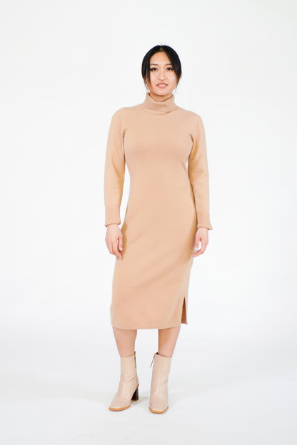 Cashmere Long Sleeve Turtleneck Slit Dress