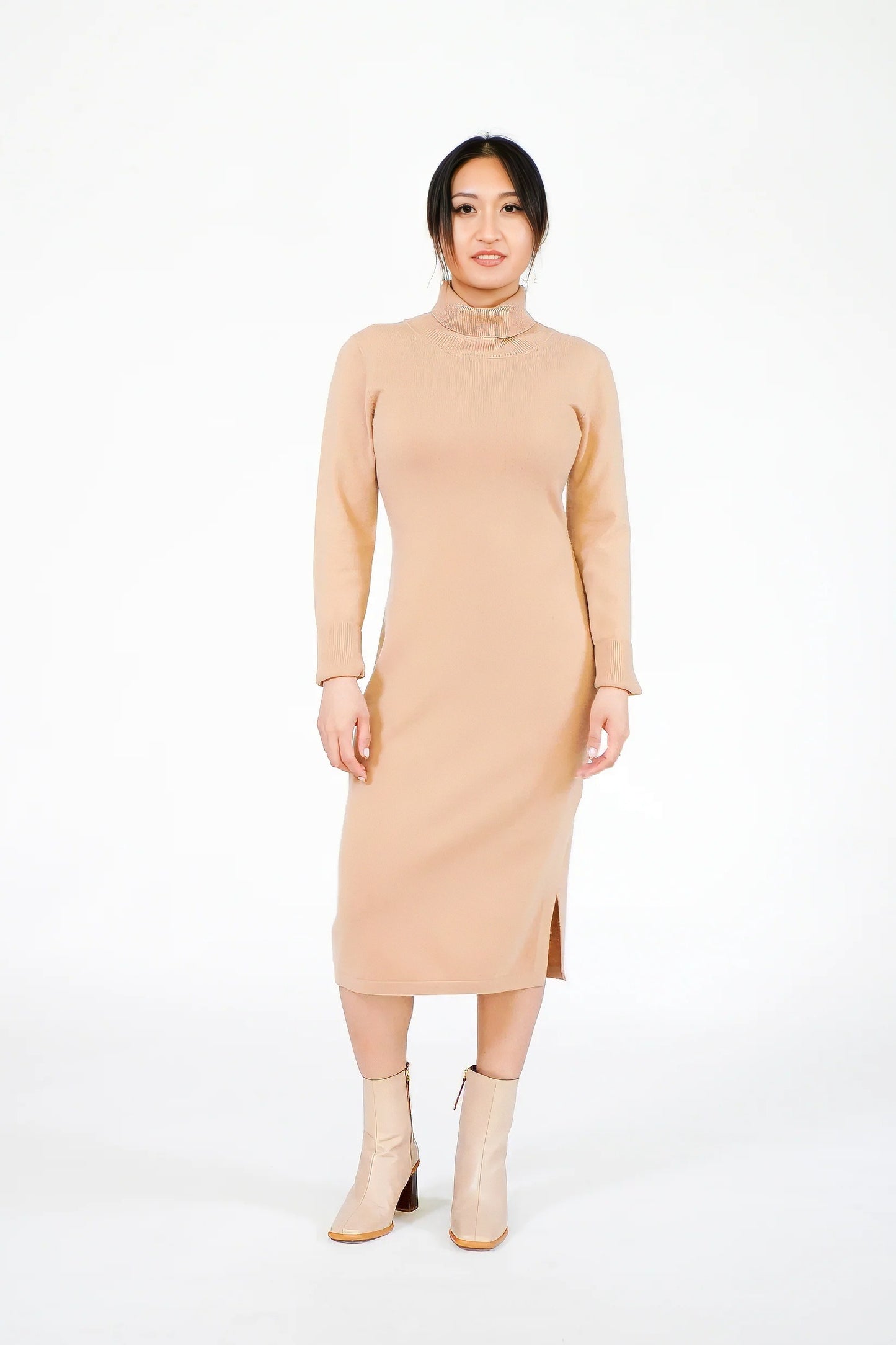 Cashmere Long Sleeve Turtleneck Slit Dress